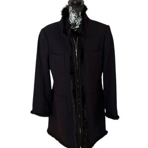 Dalia size 12 black 3/4 length coat front zip rabbit fur trim, pockets